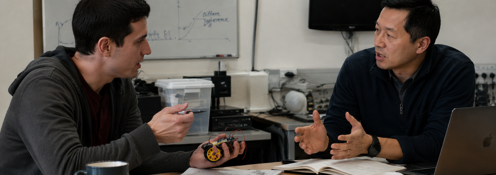 Two technology entrepreneurs discuss a prototype during a hands-on mentorship session in an engineering workspace.