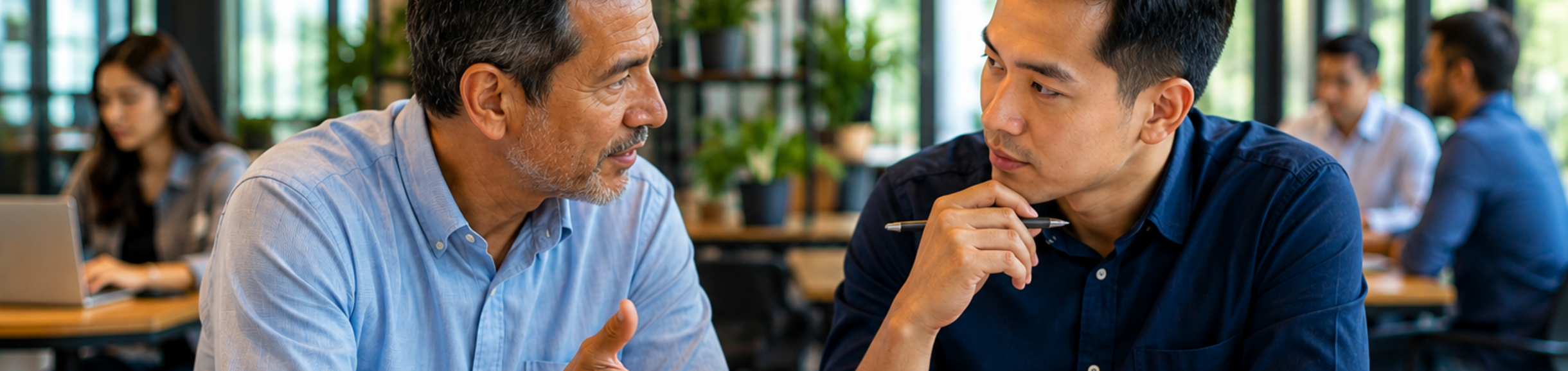 A business owner with his mentor at a coworking space having a discussion in front of their laptop at a desk.